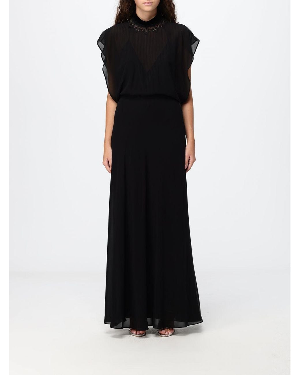 Fendi Black Sleeveless Silk Georgette Long Evening Gown With Mandarin Collar