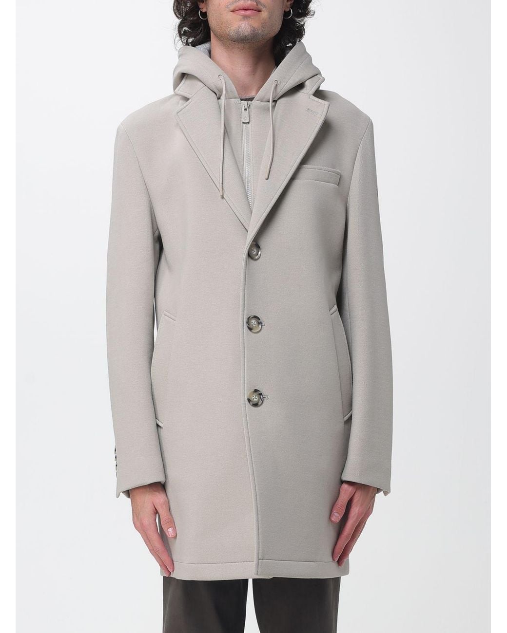 Manuel Ritz Gray Single-Breasted Cotton-Blend Coat With Hood And Lapels for men