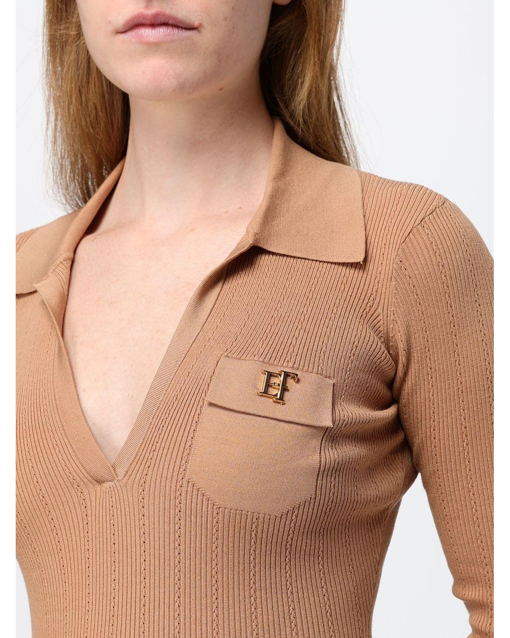 Elisabetta Franchi Natural Slim Fit Long-Sleeved V-Neck Bodysuit With Ruffles