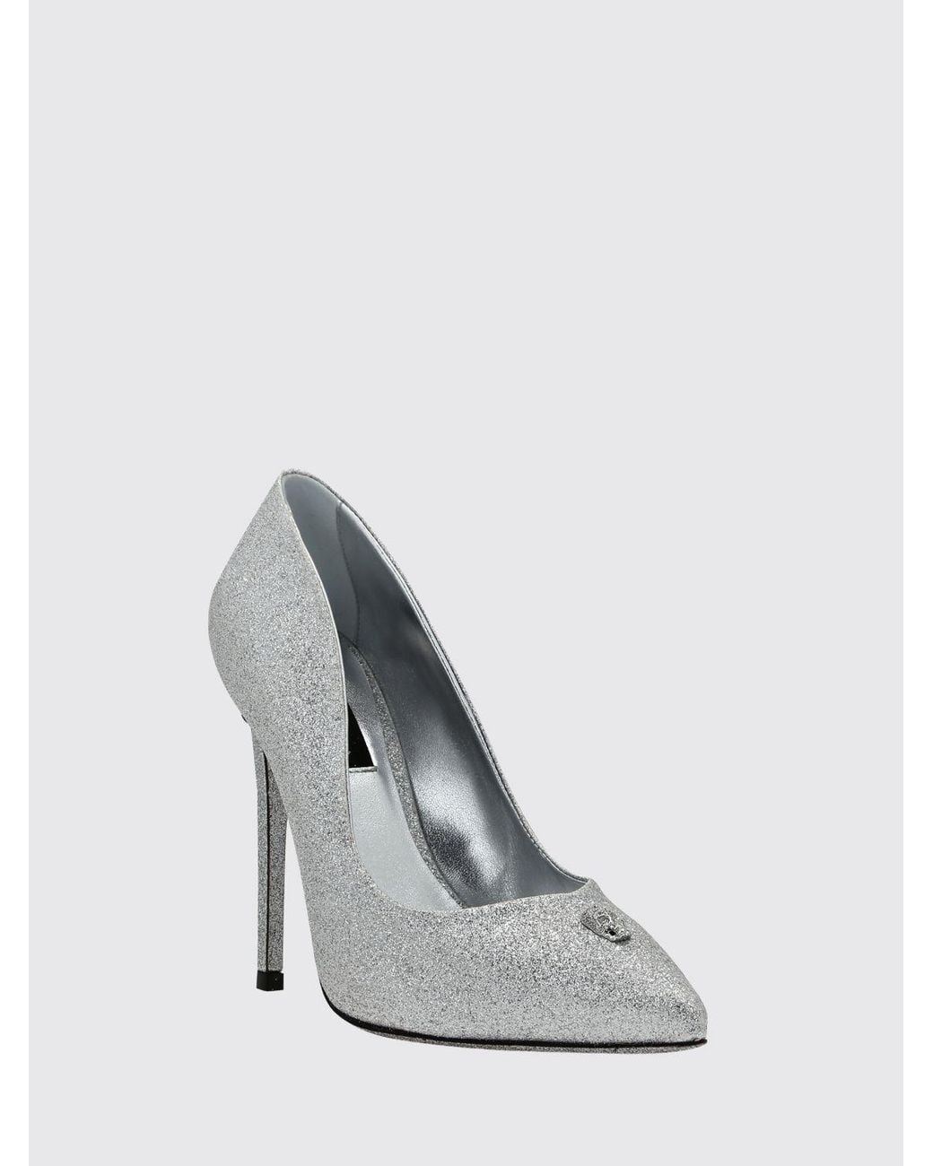 Philipp Plein White Glitter Leather Pumps With Skull Application And High Heel
