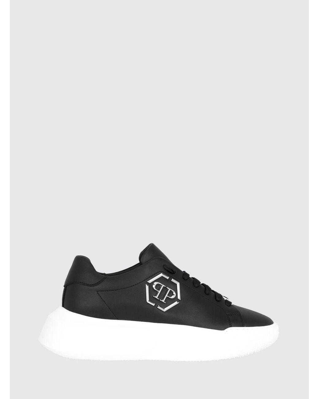 Philipp Plein Black Low-Top Leather Sneakers With Hexagon Logo And Platform Sole for men
