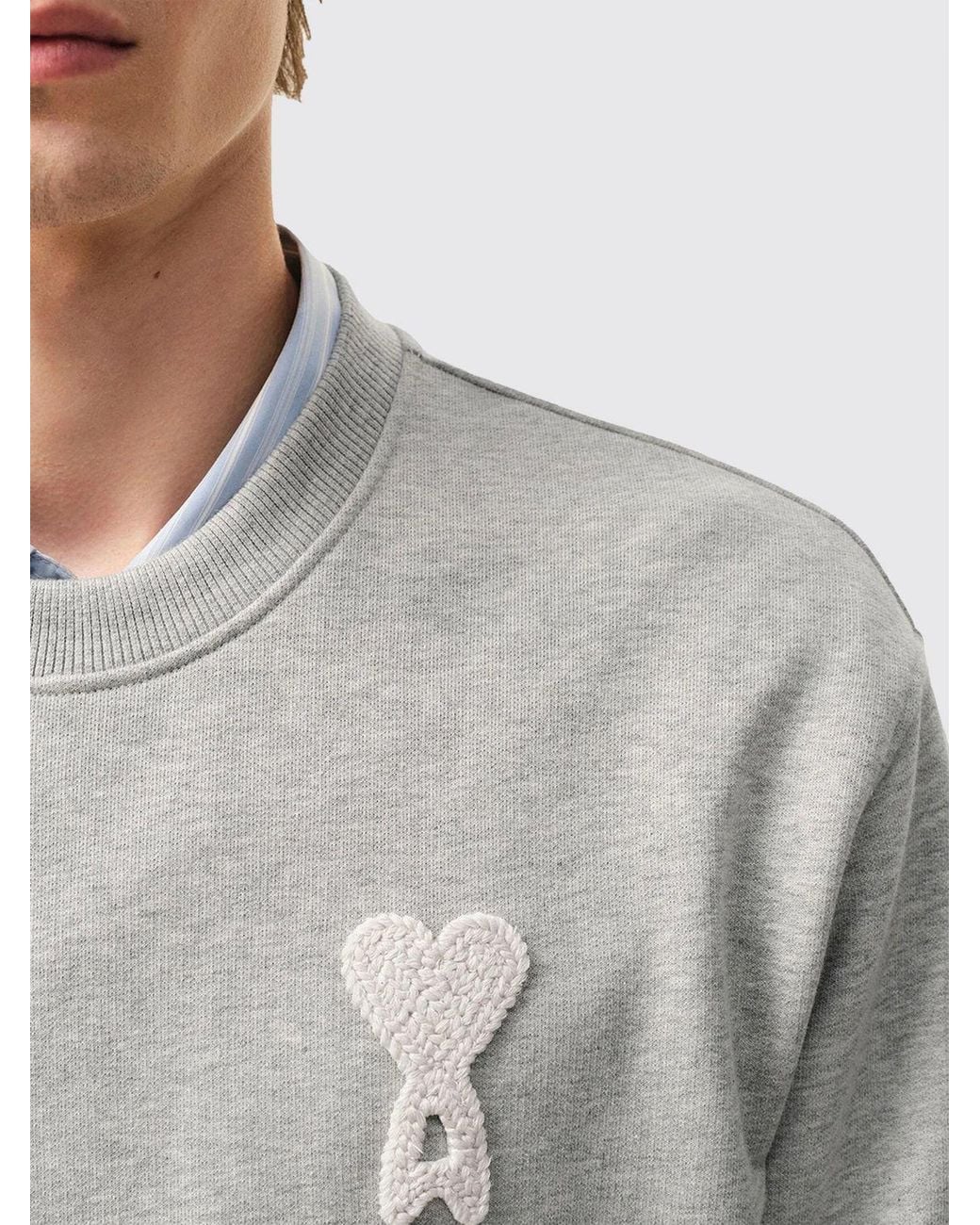 AMI Gray Cotton Crew-Neck Sweatshirt With Logo for men
