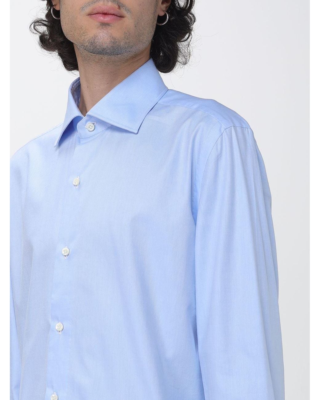 Luigi Borrelli Napoli Blue Luciano Long-Sleeve Cotton Poplin Shirt With French Collar for men