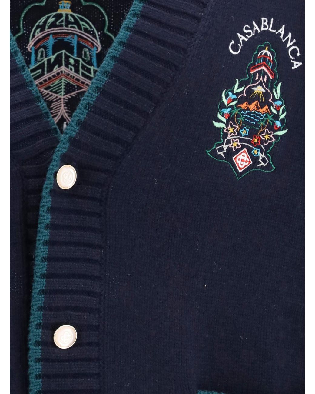 Casablanca Blue Wool And Cashmere Cardigan With Crest And Contrast Trim for men