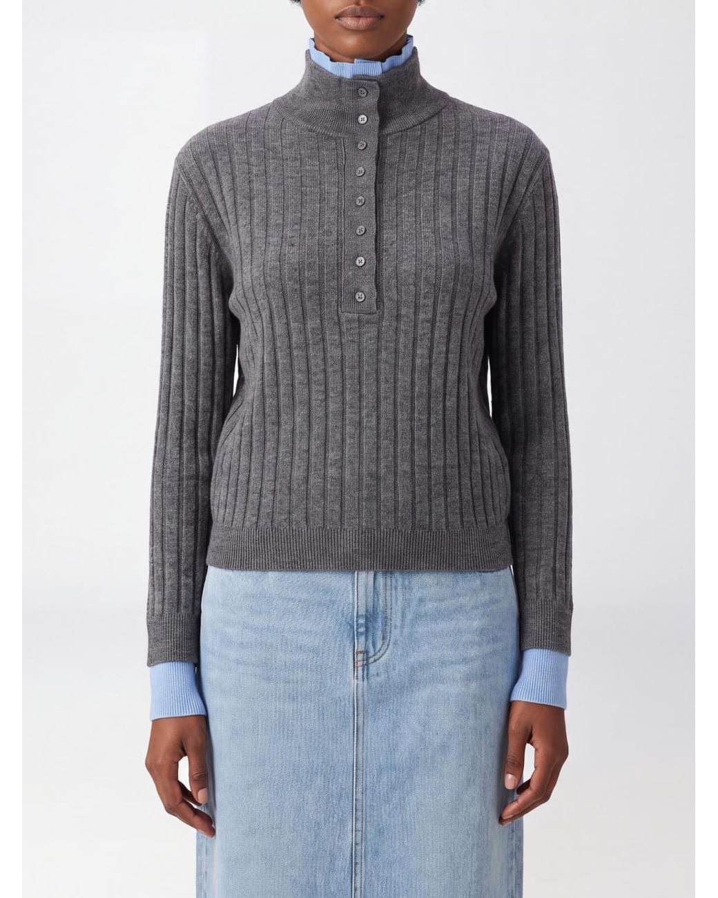 ELEH Blue Ruffle-Trimmed Wool Blend Roll Neck Jumper With Button Neck
