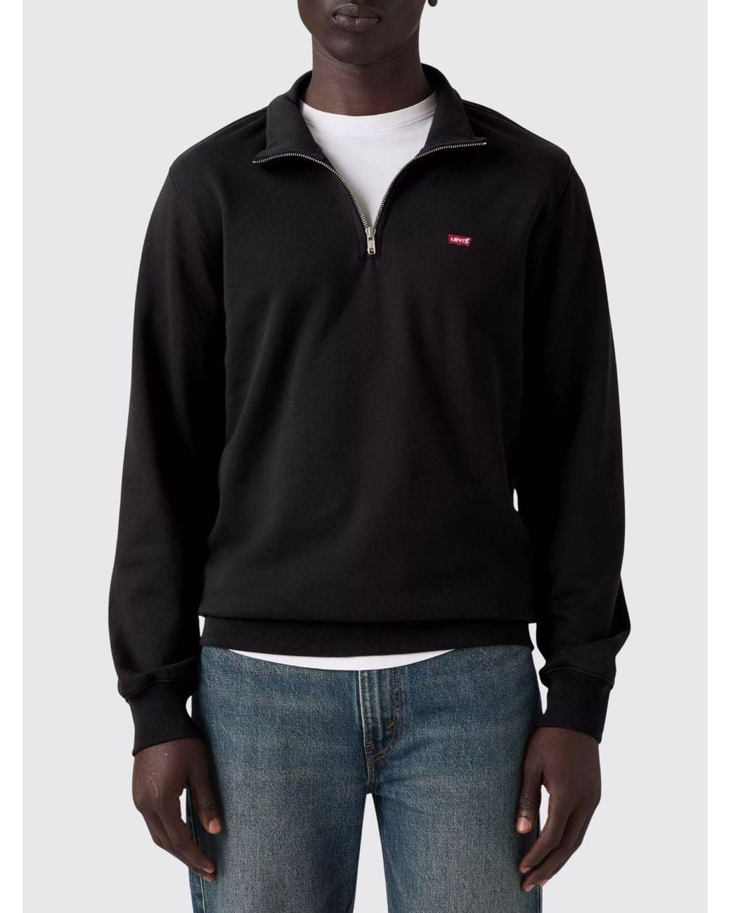 Levi's Black Regular Fit Cotton Sweatshirt With High Neck, Contrast Logo And Half-Zip for men