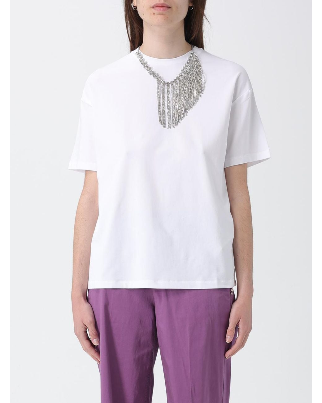 Liu Jo White Cotton T-Shirt With Jewel Chain