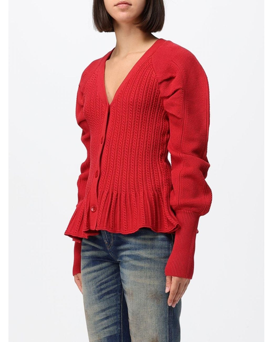 Blumarine Red Viscose Cardigan With Puff Sleeves And Ruffled Hem
