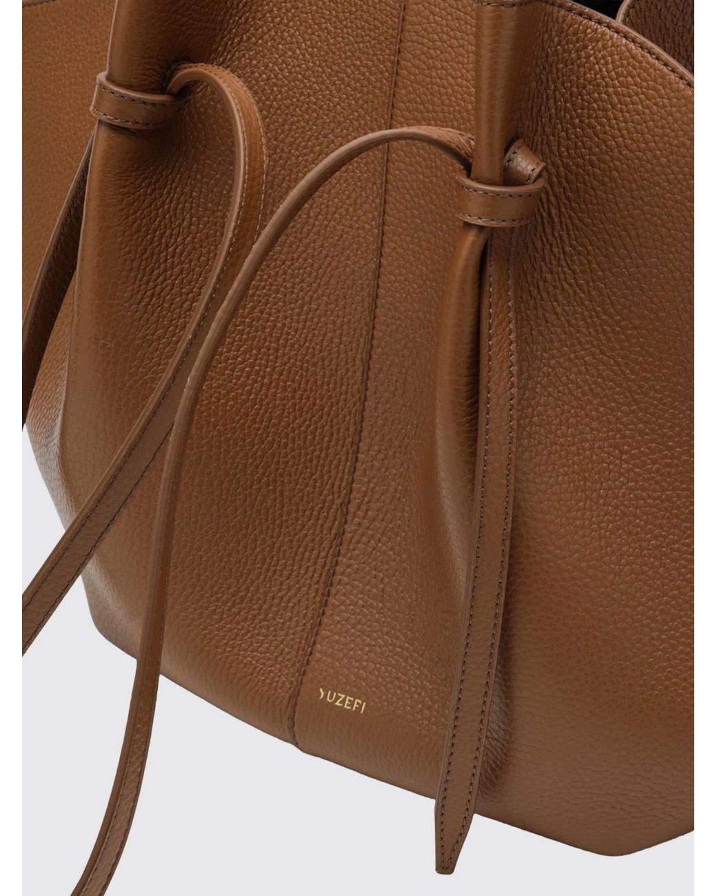 Yuzefi Brown Mochi Hammered Leather Flared Shoulder Bag With Laminated Logo