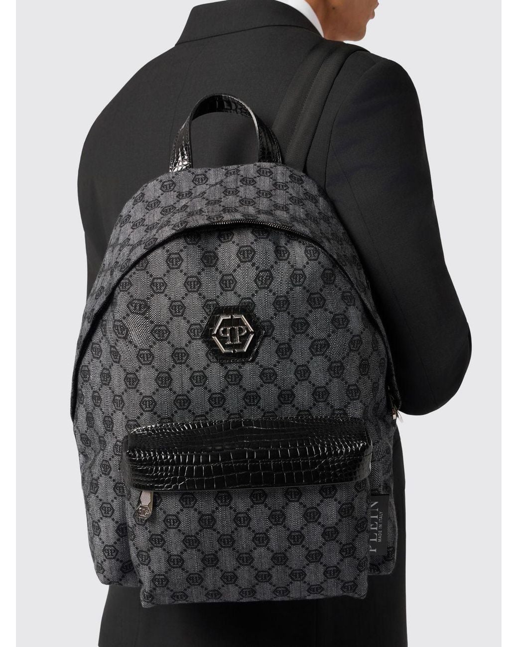 Philipp Plein Gray Jacquard Monogram Denim Backpack With Hexagon Logo for men