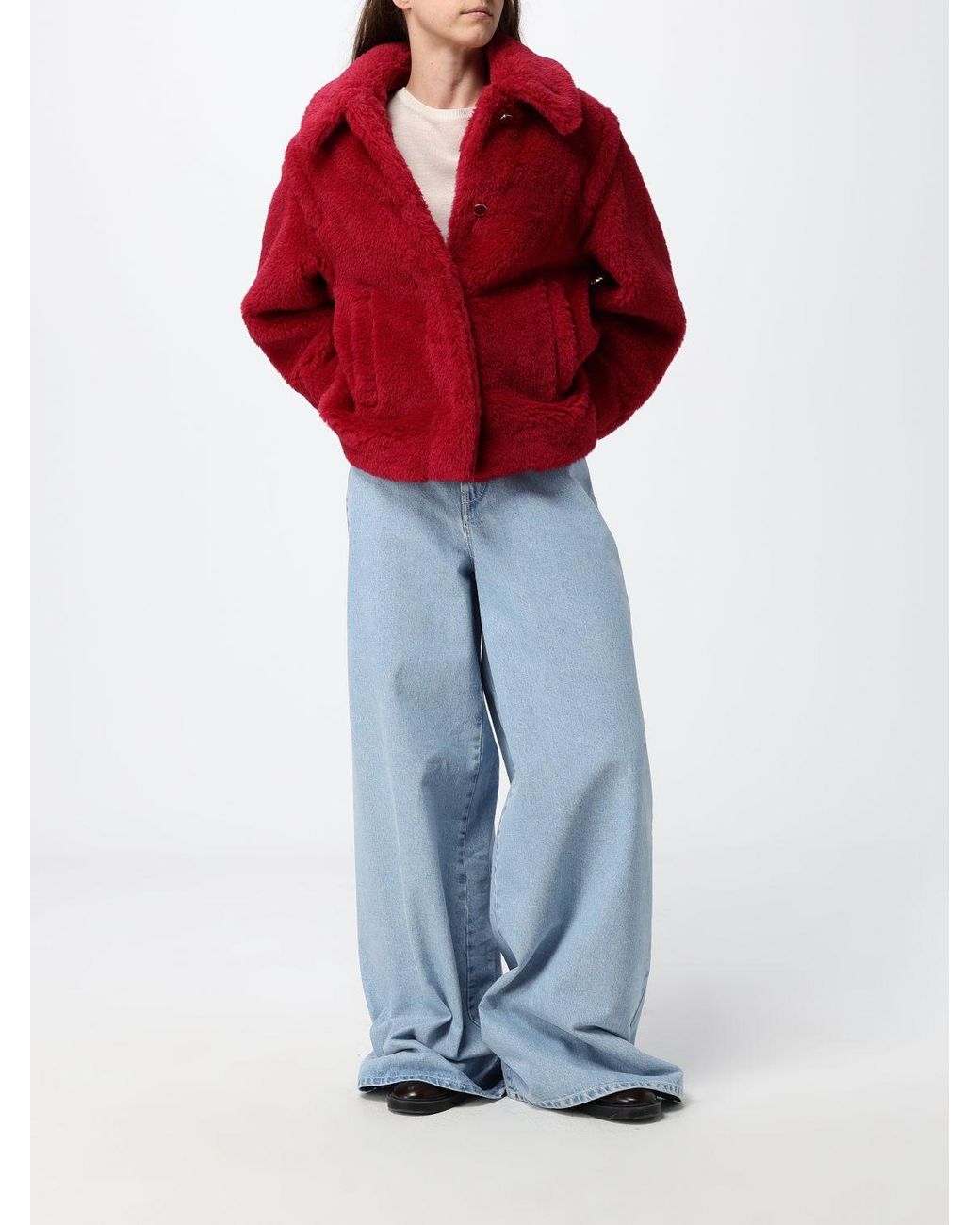 Max Mara Red Alpaca And Wool Teddy Jacket With Concealed Closure