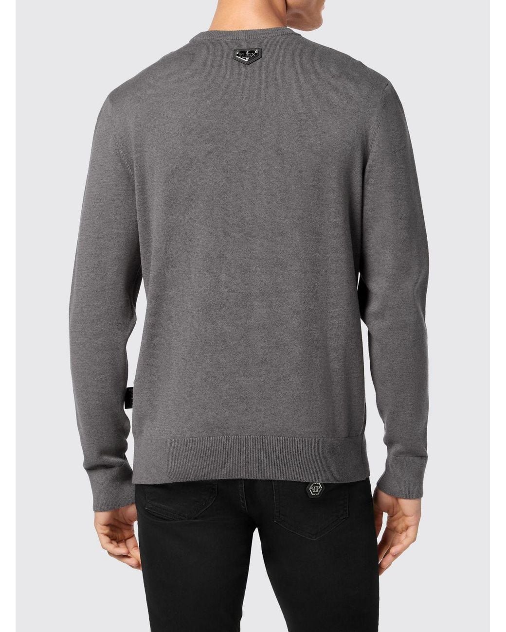 Philipp Plein Gray Wool And Cotton Blend Crewneck Jumper With All-Over Jacquard Logo Pattern for men
