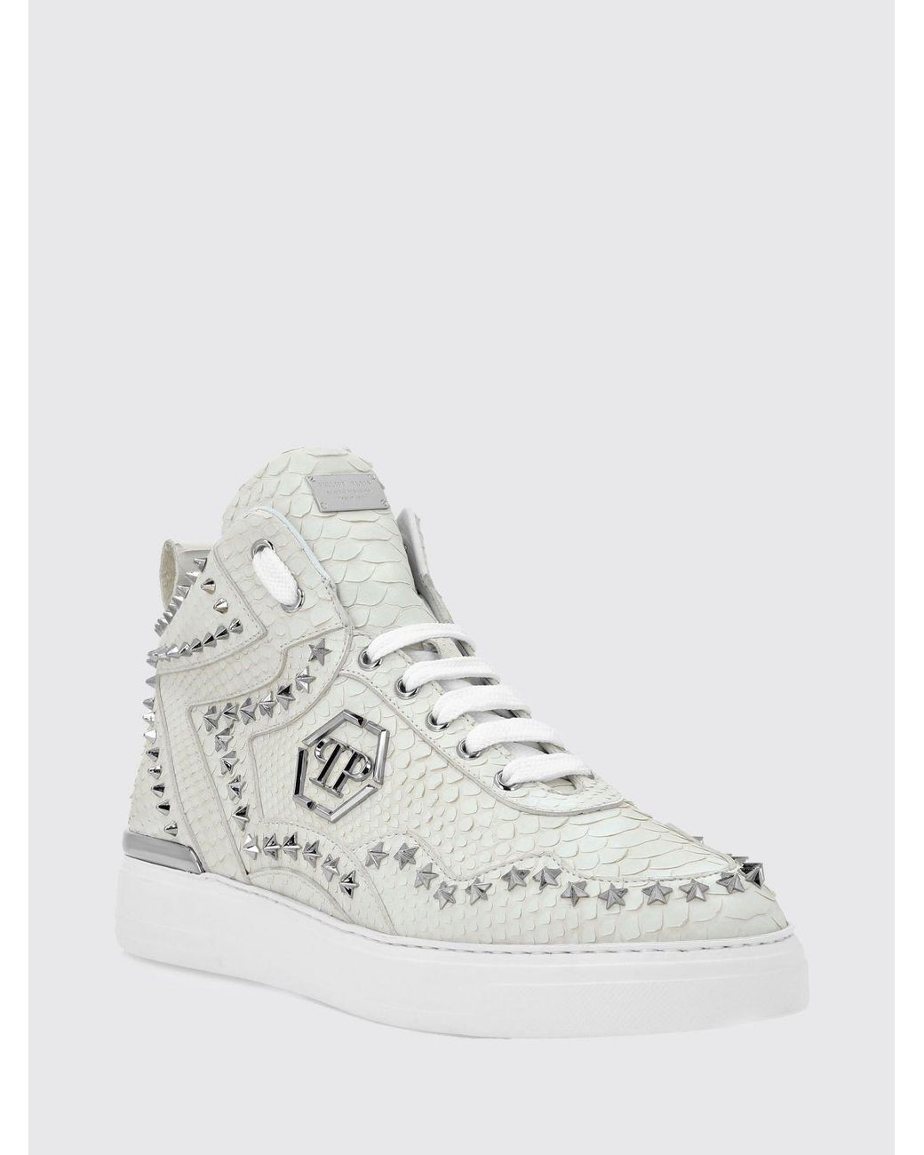 Philipp Plein White Python Leather Sneakers With Star Studs for men
