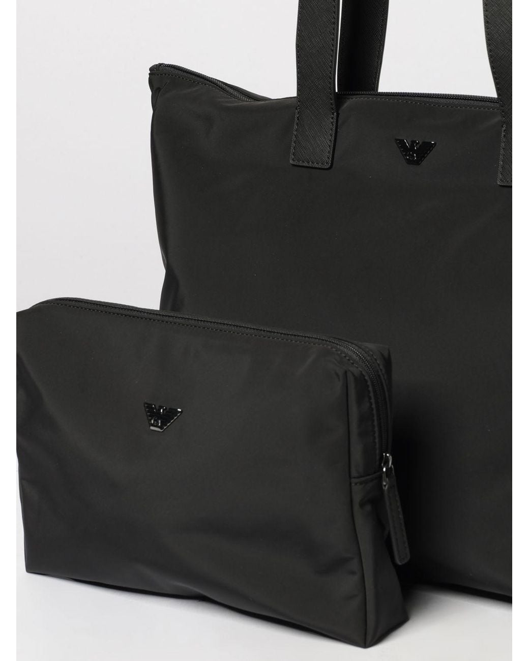 Emporio Armani Black Polyester Tote Bag With Removable Pouch And Eagle Logo for men