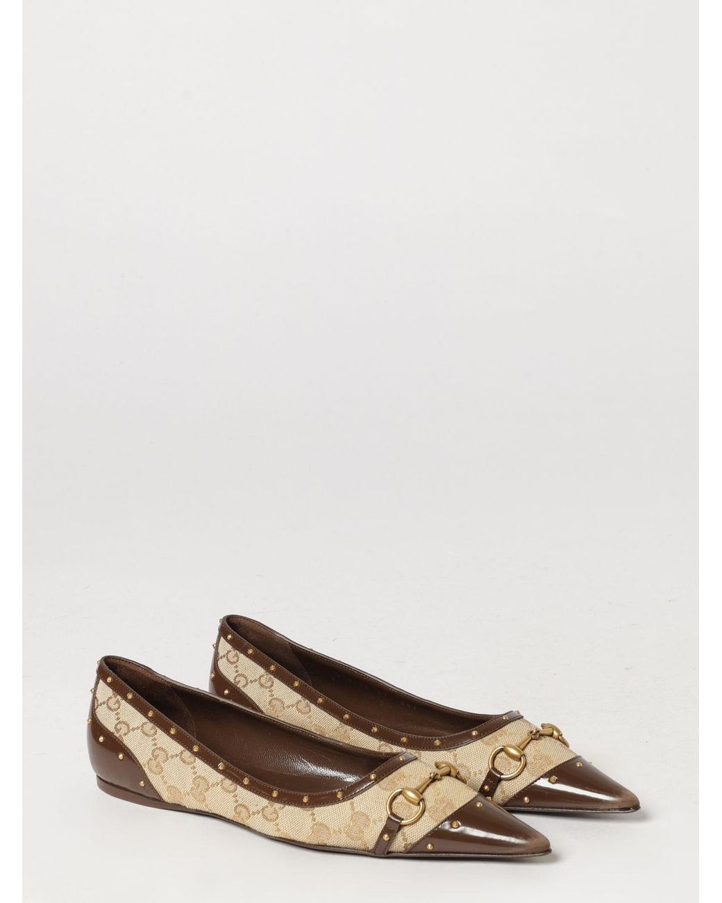 Gucci Natural Gg Monogram Canvas And Leather Ballet Flats With Horsebit