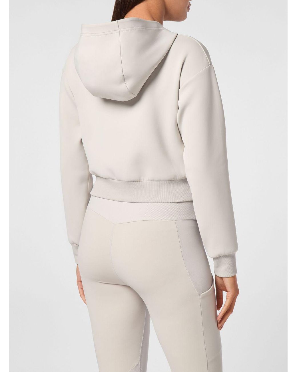 Philipp Plein Natural Cropped Hooded Jersey Sweatshirt With Contrasting Logo