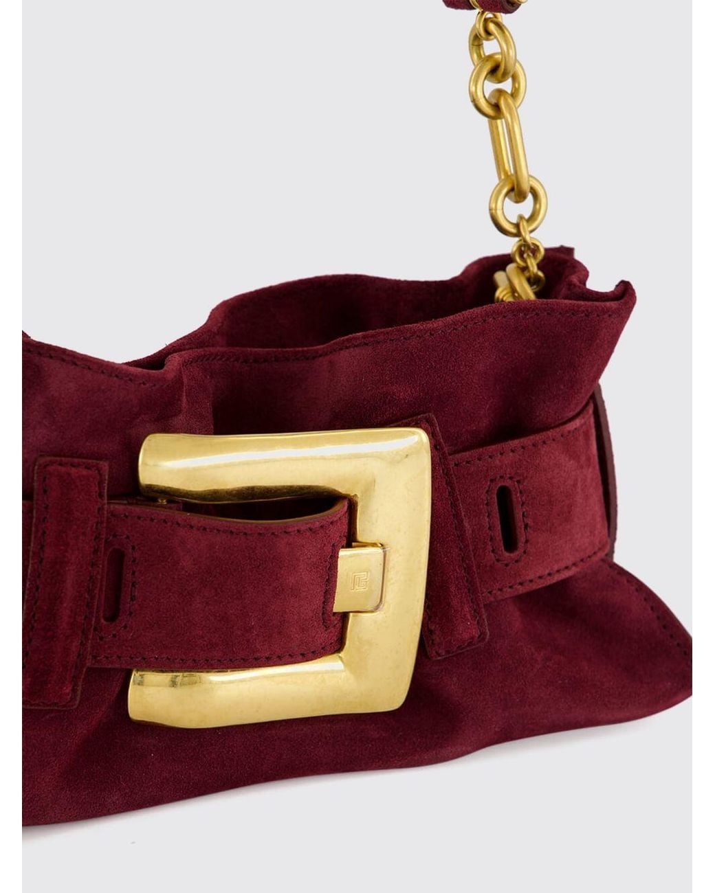 Balmain Red Anthem Ruched Suede Shoulder Bag With Chain Handle