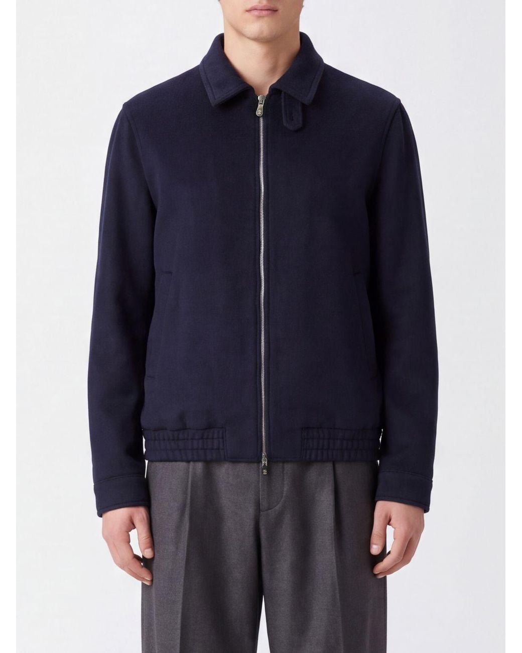 Brunello Cucinelli Blue Wool Bomber Jacket With High Neck And Zip Closure for men