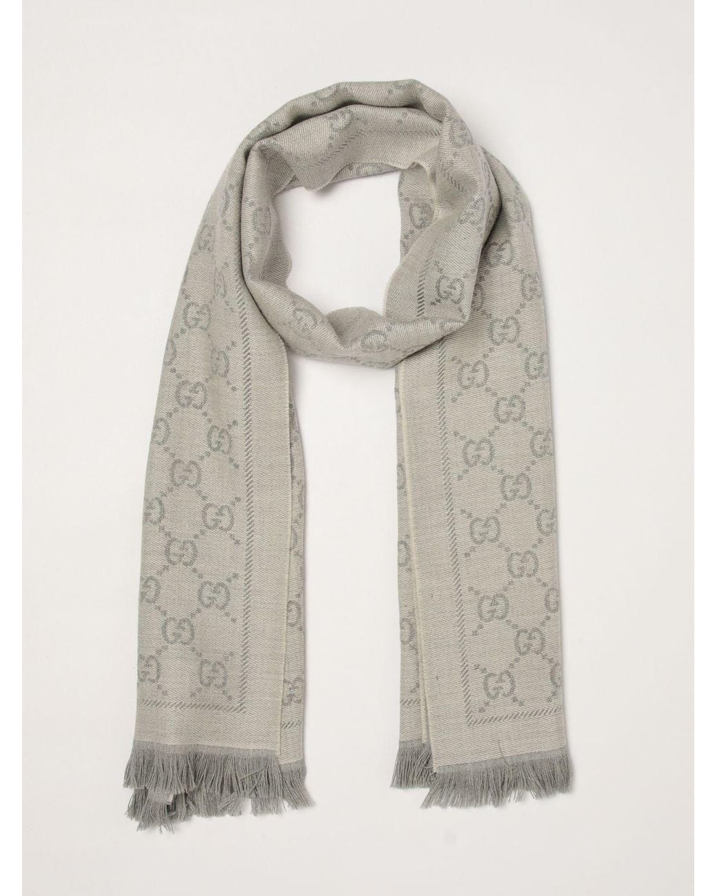 Gucci Gray Gg Jacquard Wool Scarf With Fringed Edges