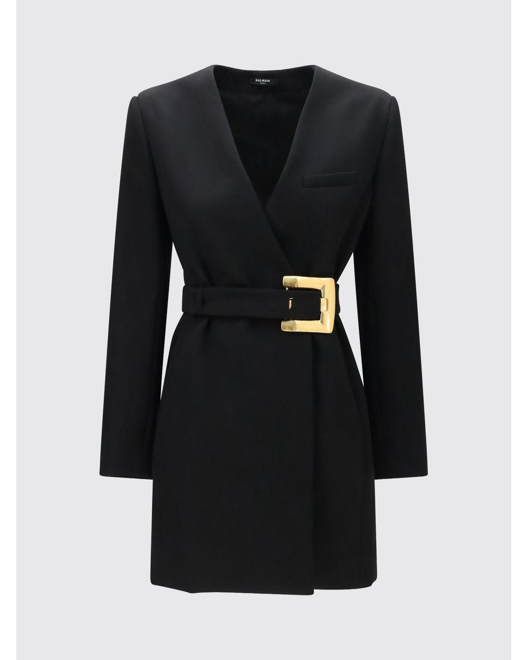 Balmain Black Merino Wool Wrap Mini Blazer Dress With Padded Shoulders