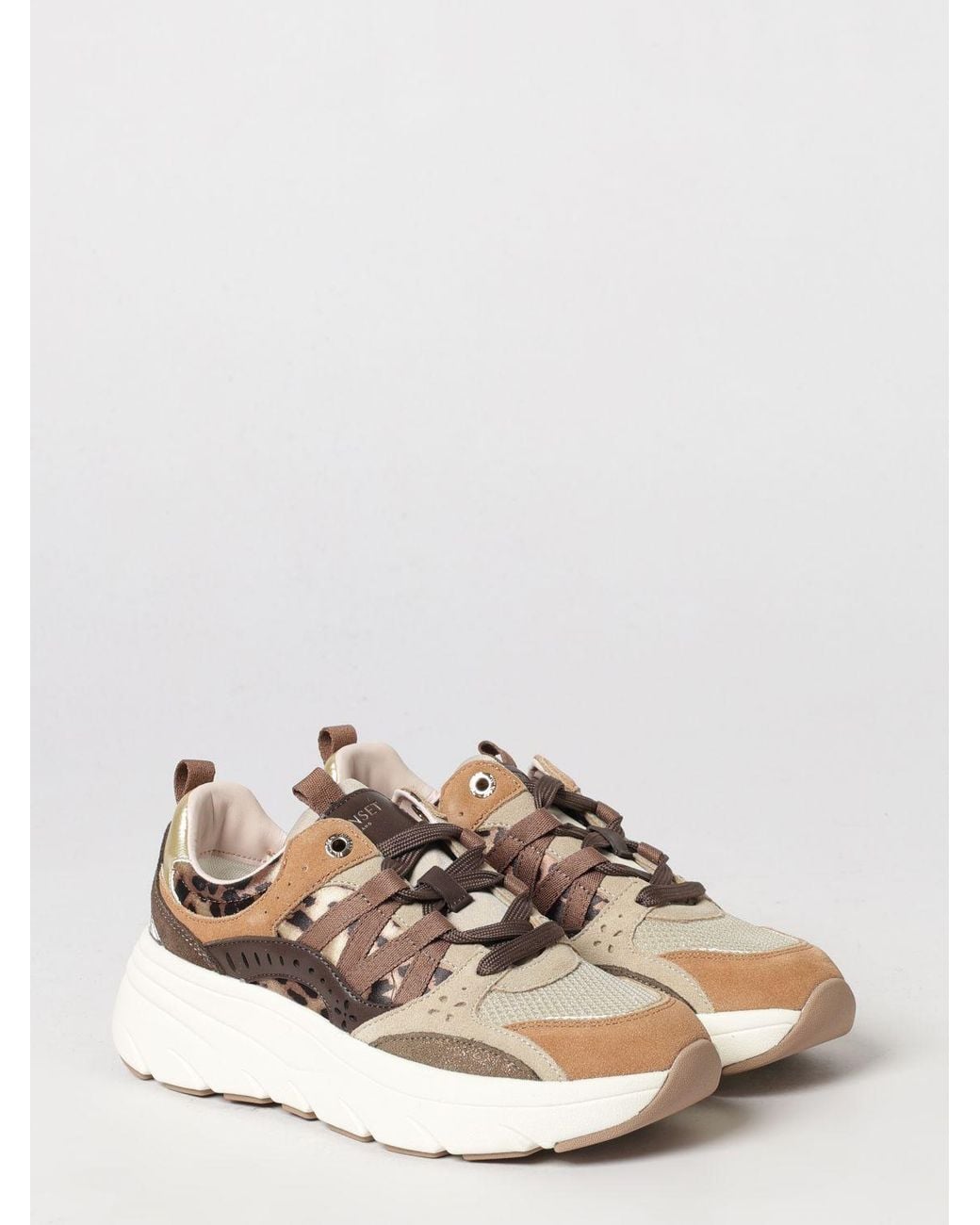Twinset Natural Animal Print Leather And Mesh Sneakers With Double Pull-Tab