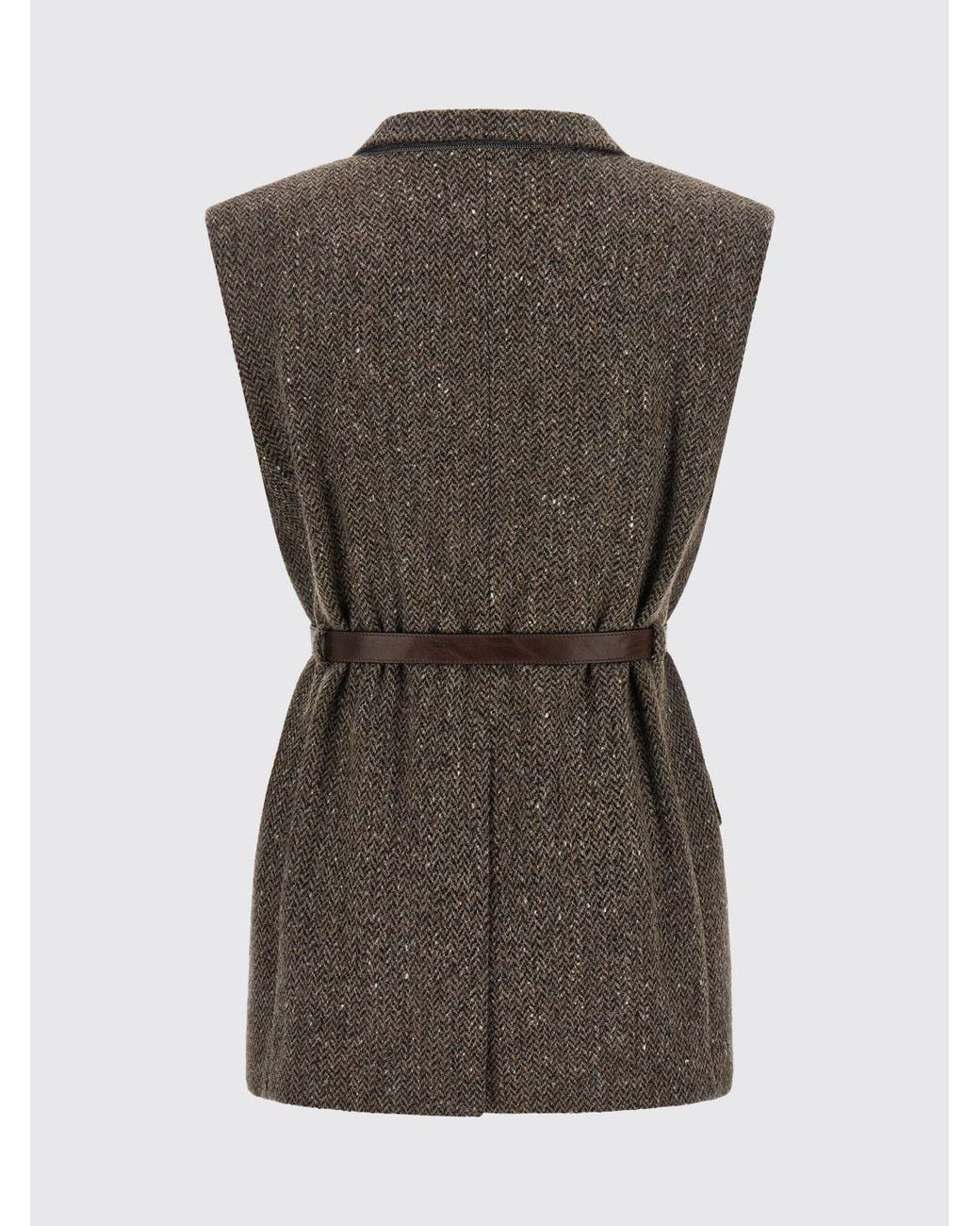 Brunello Cucinelli Gray Chevron Wool Tailored Waistcoat With Belt