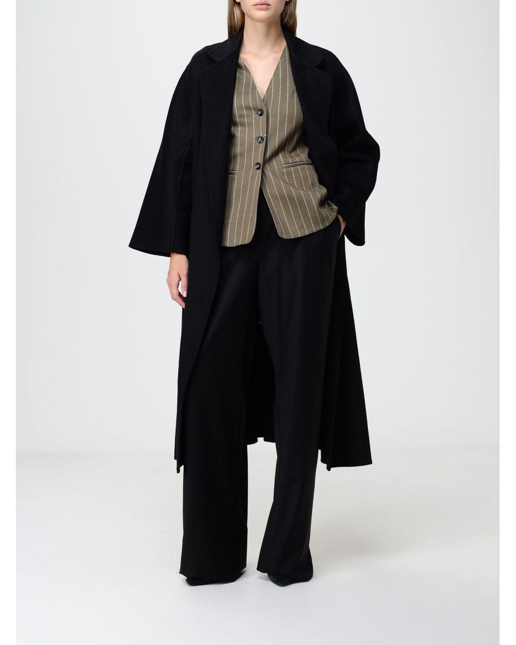 Max Mara Black Wide Leg Virgin Wool Trousers With Tie Belt