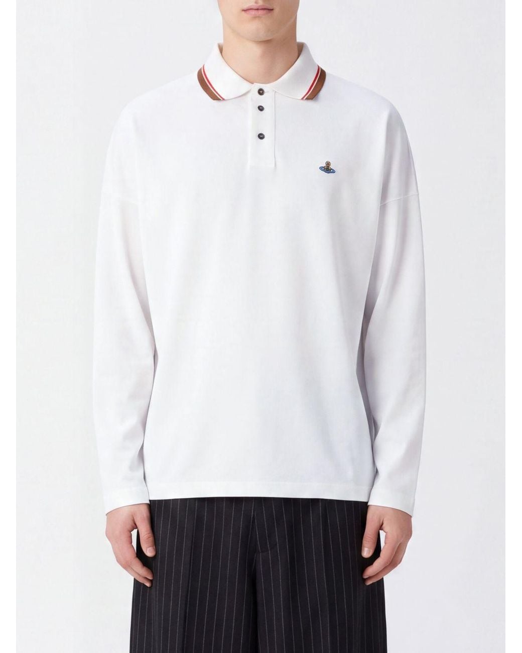 Vivienne Westwood White Long-Sleeved Cotton Polo Shirt With Embroidered Orb Logo for men