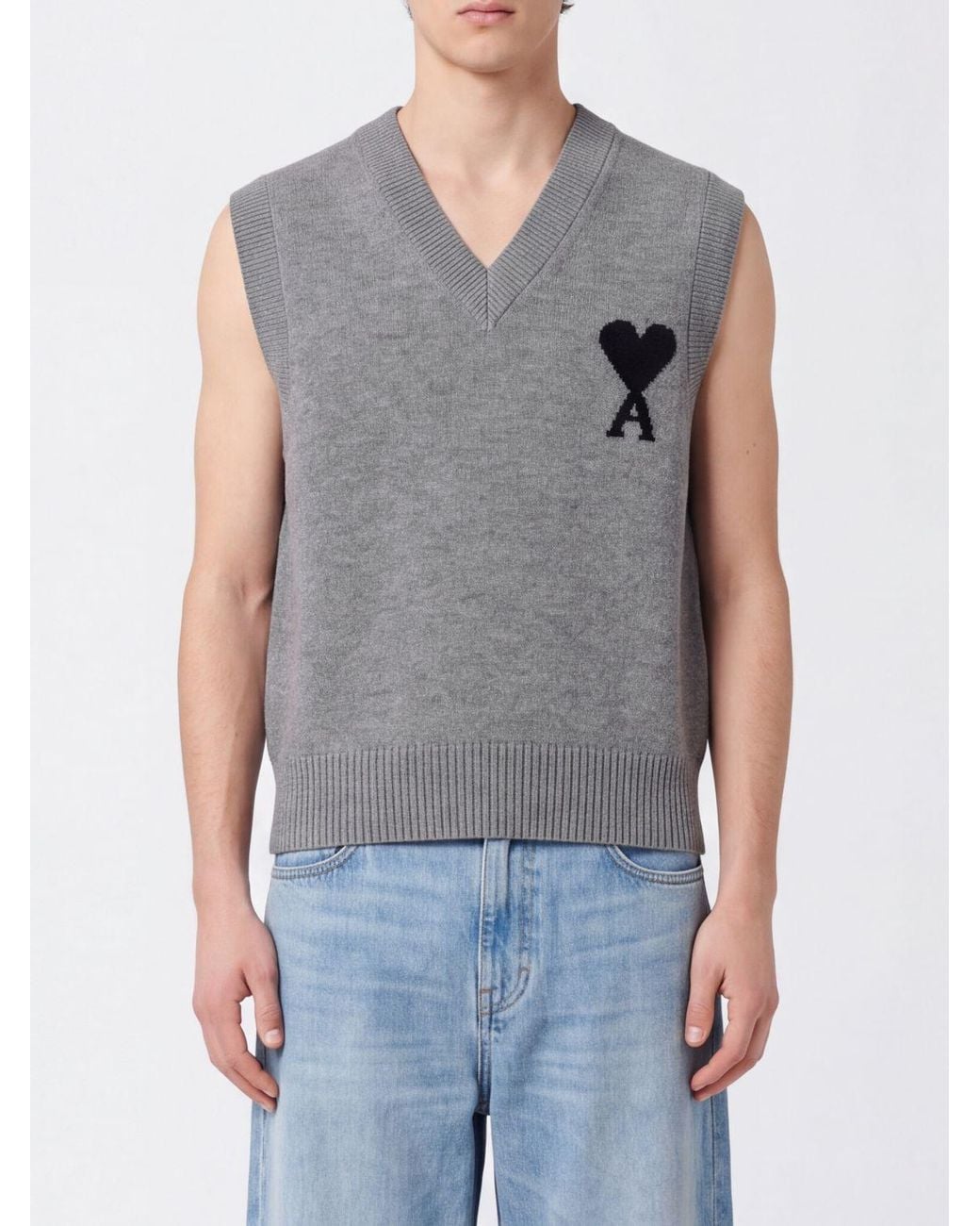 AMI Gray V-Neck Wool Knit Jumper Vest With Contrast Logo for men