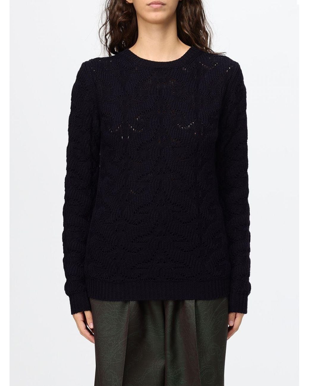Etro Blue Crewneck Wool Blend Jumper With Ribbed Trims