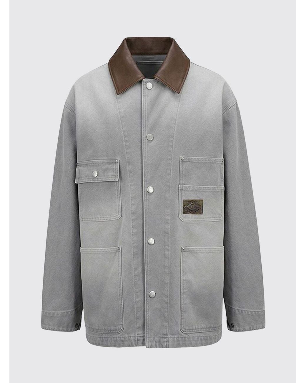 Wooyoungmi Gray Cotton Denim Jacket With Leather Collar And Dropped Shoulders for men