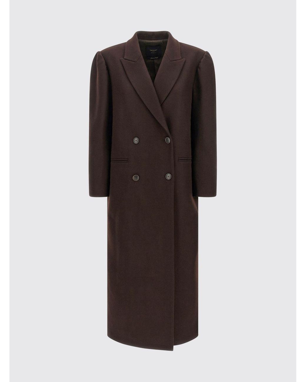 Twinset Brown Double-Breasted Long Wool-Blend Coat With Peak Lapels