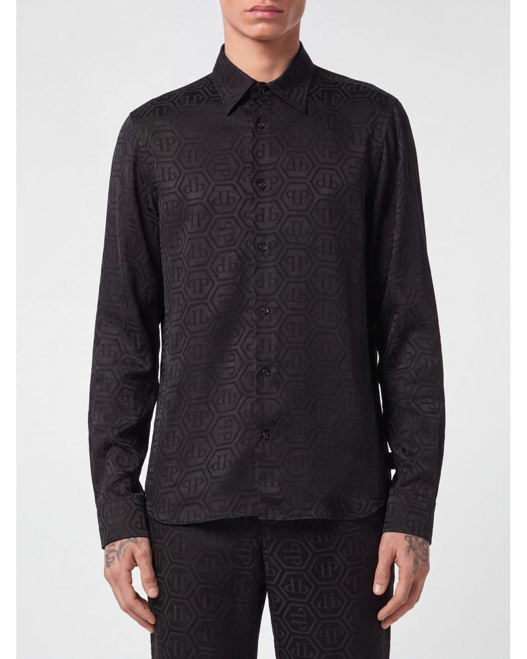 Philipp Plein Black Silk Shirt With All-Over Monogram Print And Hexagon Logo for men