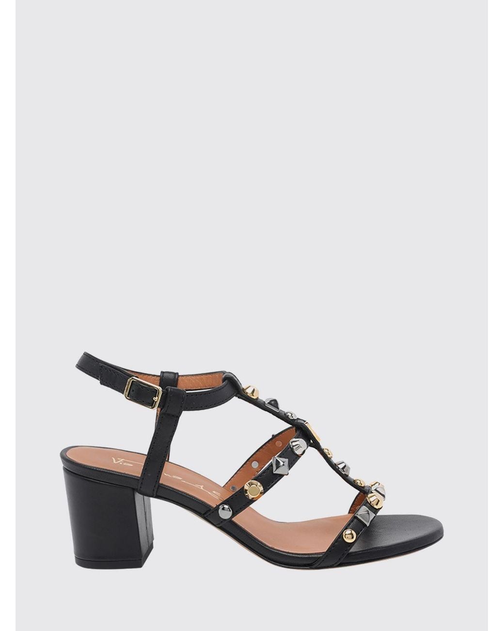 Via Roma 15 Natural Studded Leather T-Strap Sandals With Mid-Block Heel