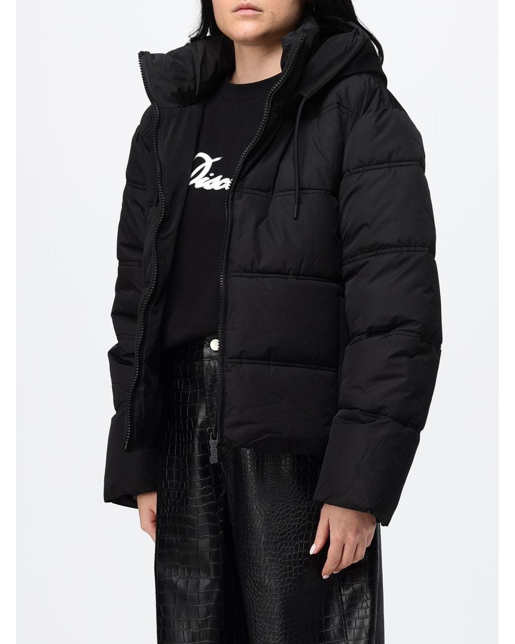 DISCLAIMER Black Quilted Short Puffer Jacket With Hood And Funnel Neck