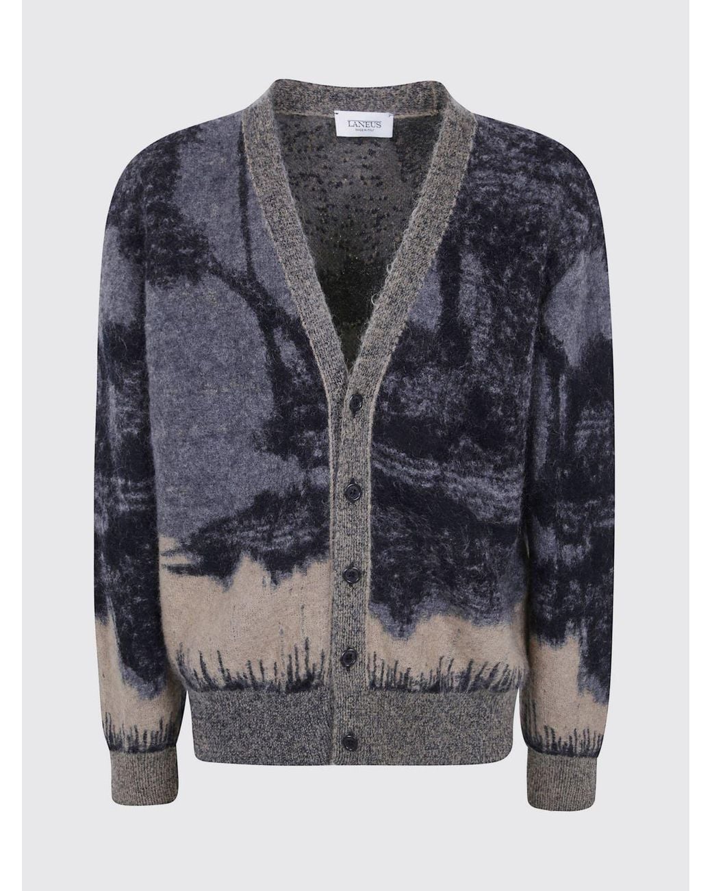 Laneus Blue Abstract Jacquard Mohair Cardigan With V-Neck for men