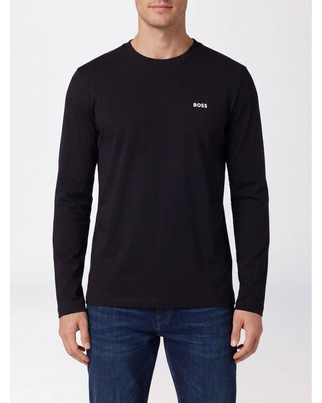 Boss Blue Long-Sleeved Cotton T-Shirt With Crewneck And Contrast Logo for men