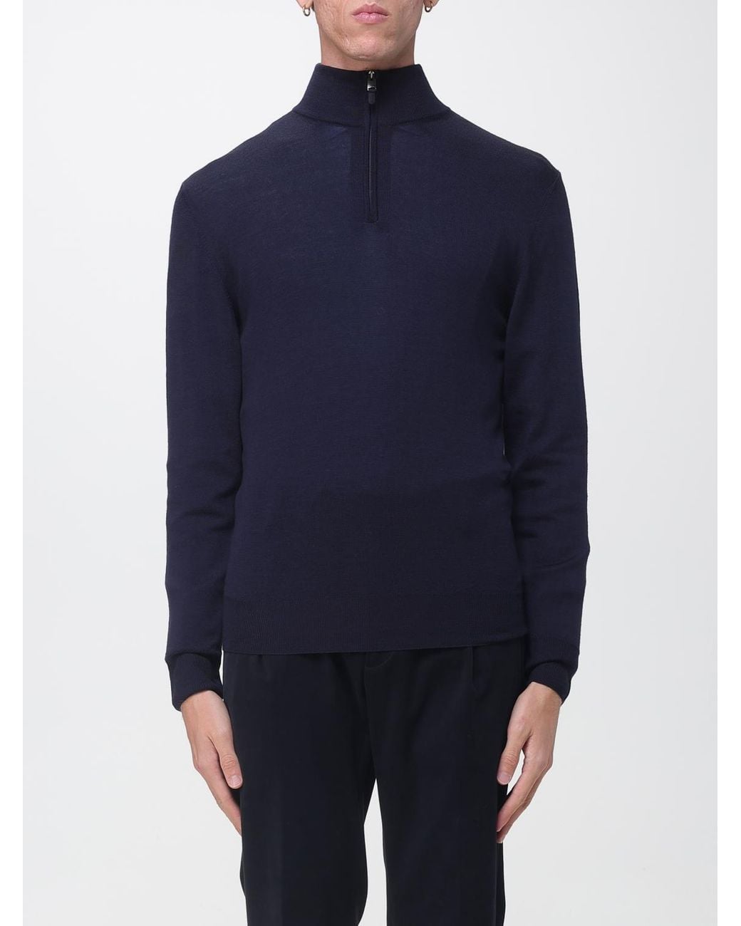 Canali Blue Merino Wool Turtleneck Jumper With Half-Zip Closure for men