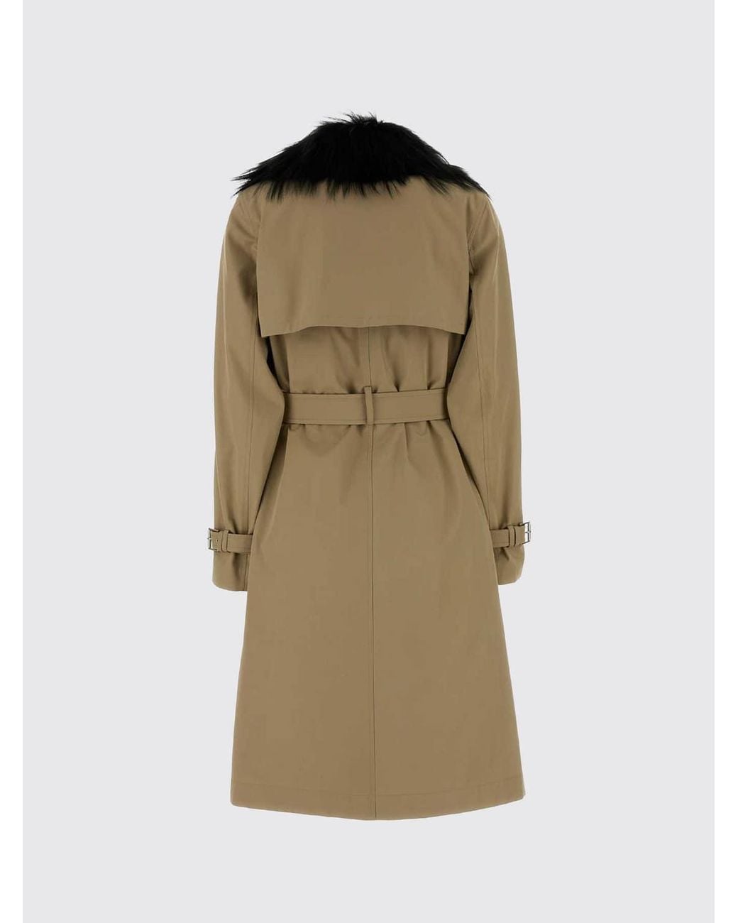 Fendi Natural Double-Breasted Cotton Trench Coat With Fur Collar And Belt