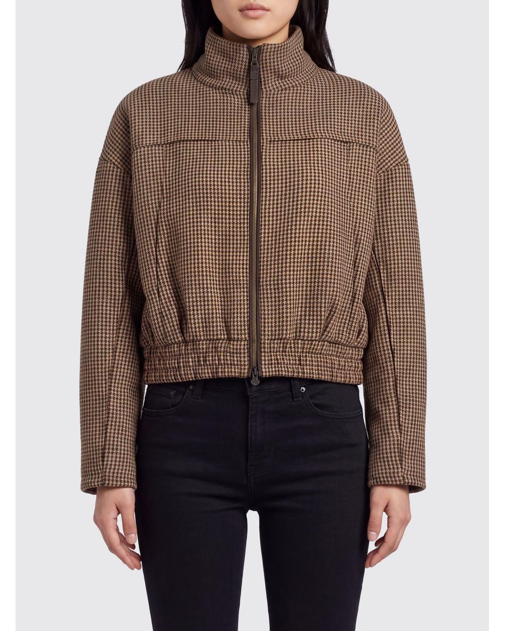 Brunello Cucinelli Brown Houndstooth Virgin Wool Bomber Jacket With High Neck