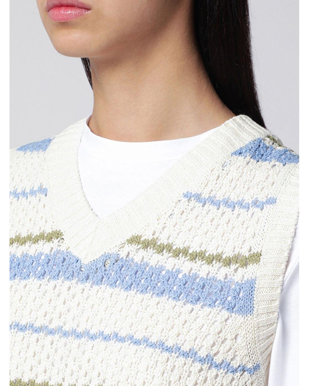 DUNST White Striped Cotton Knit Vest With V-Neck And Regular Shoulders