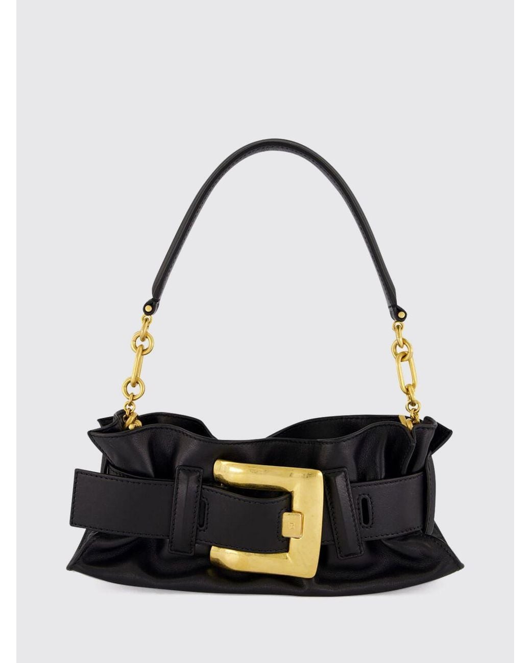 Balmain White Anthem Ruched Smooth Leather Shoulder Bag With Logo Buckle