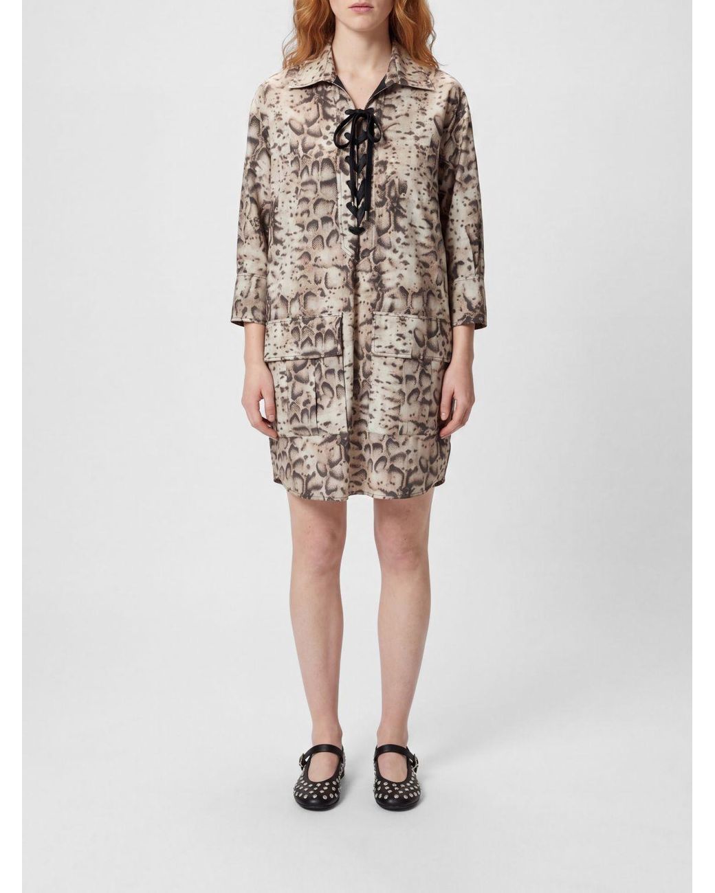 Pinko Natural Cotton Chemisier Dress With Snake Print