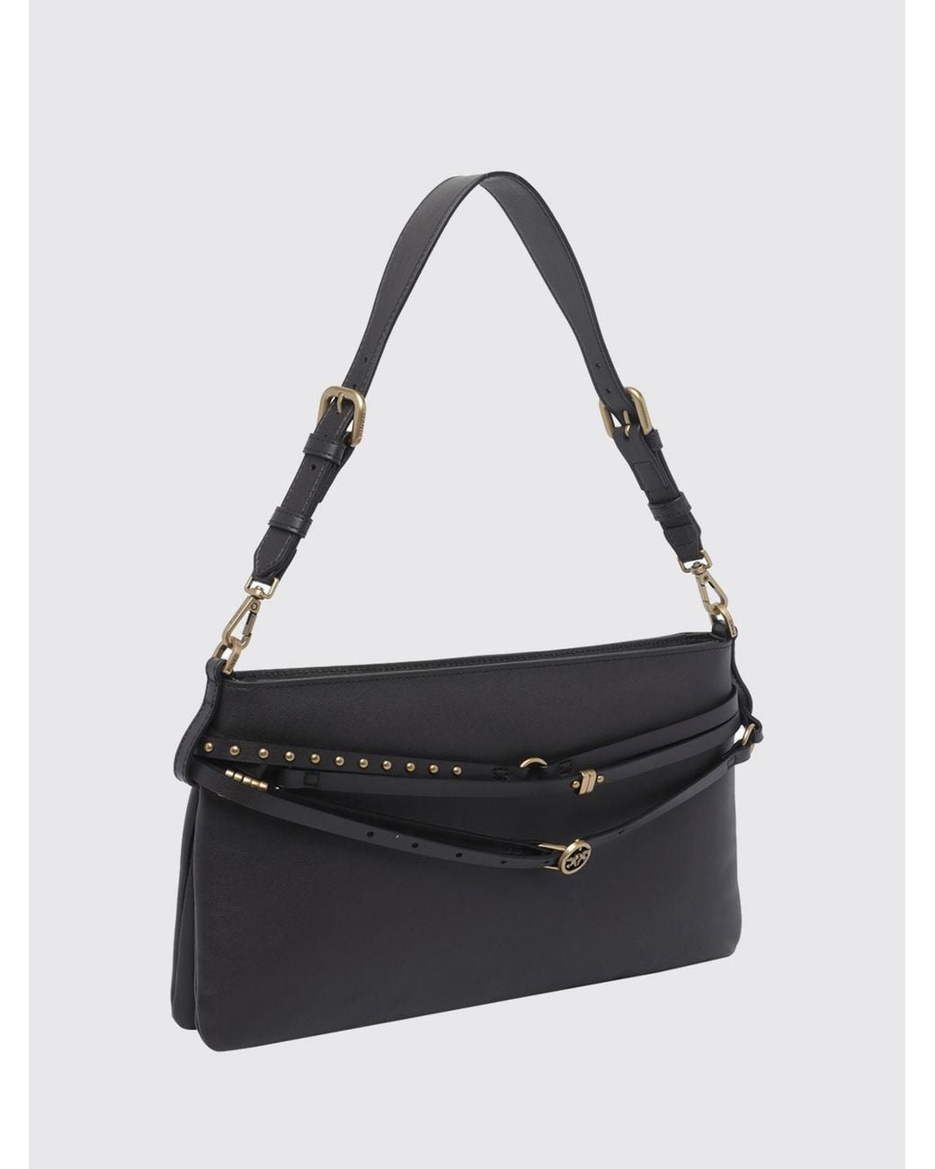 Pinko Black Belt Bag Embroidered Leather Shoulder Bag With Studs And Love Birds Logo