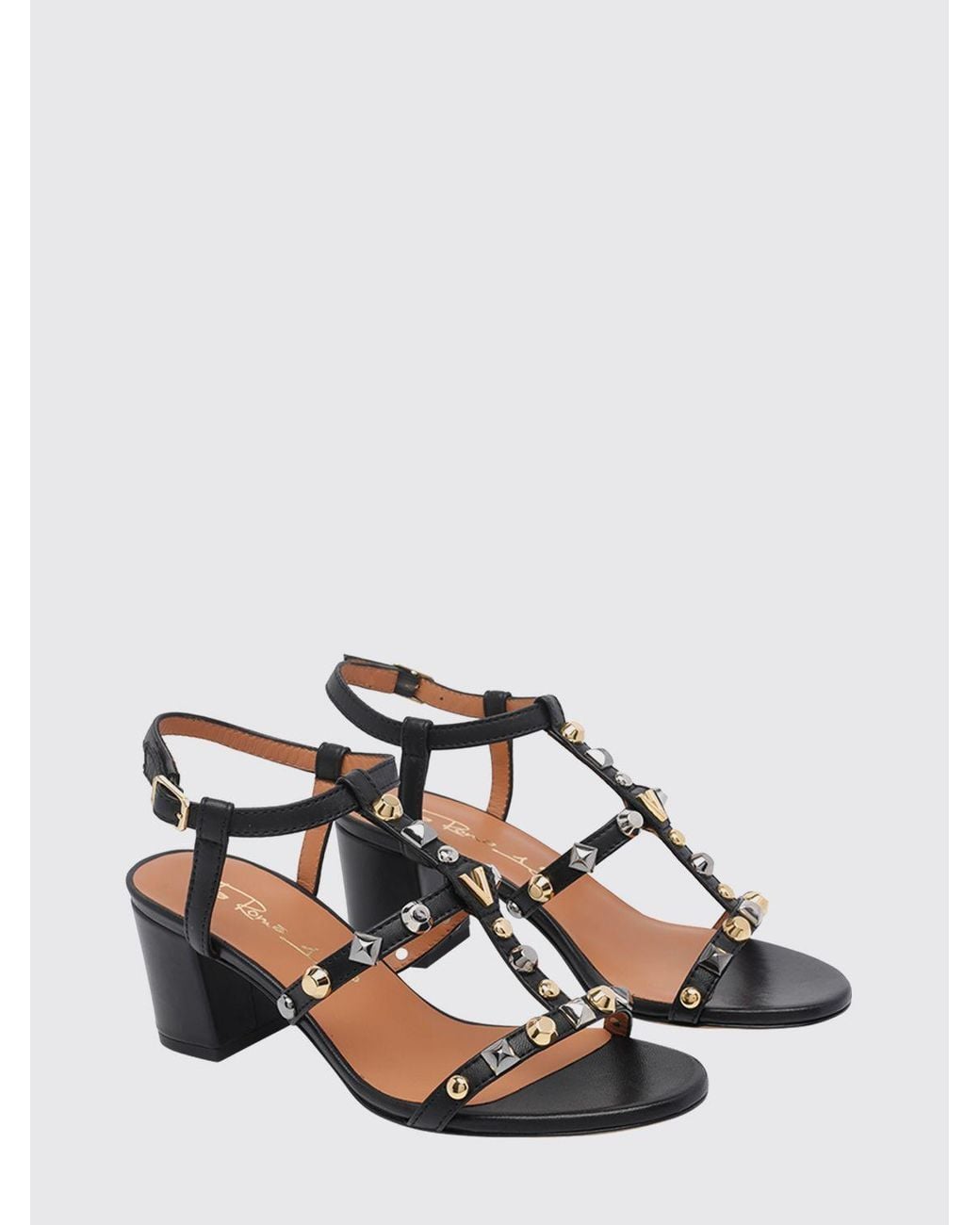 Via Roma 15 Natural Studded Leather T-Strap Sandals With Mid-Block Heel