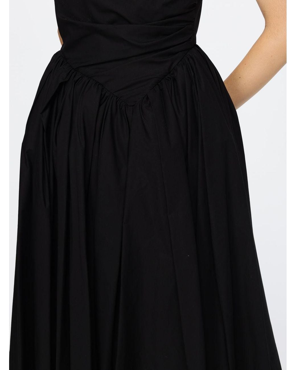 MSGM Black Asymmetric Off-The-Shoulder Cotton Midi Dress With A Crew Neck