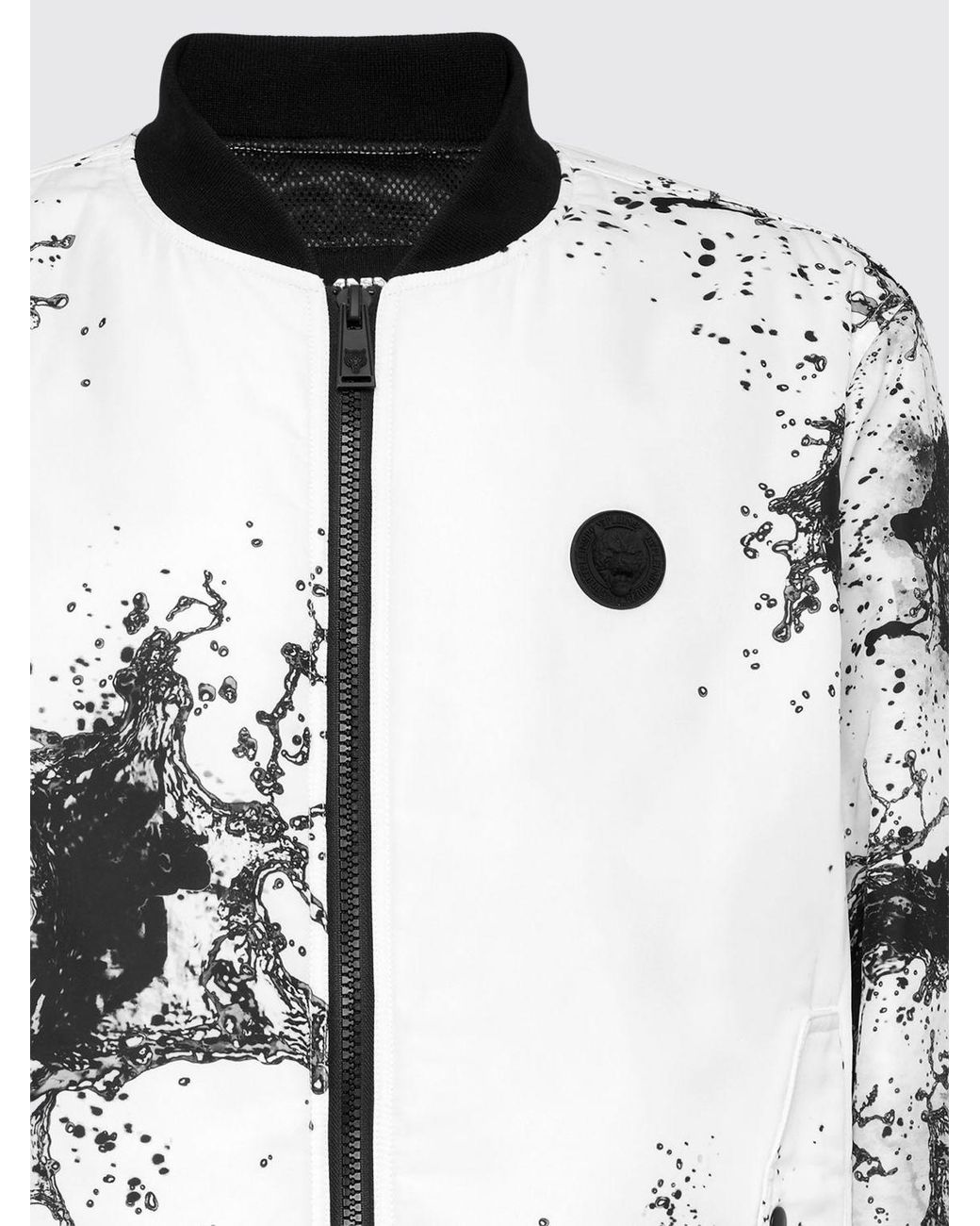 Philipp Plein Gray Splash Abstract Print Technical Fabric Bomber Jacket With Contrast Logo for men