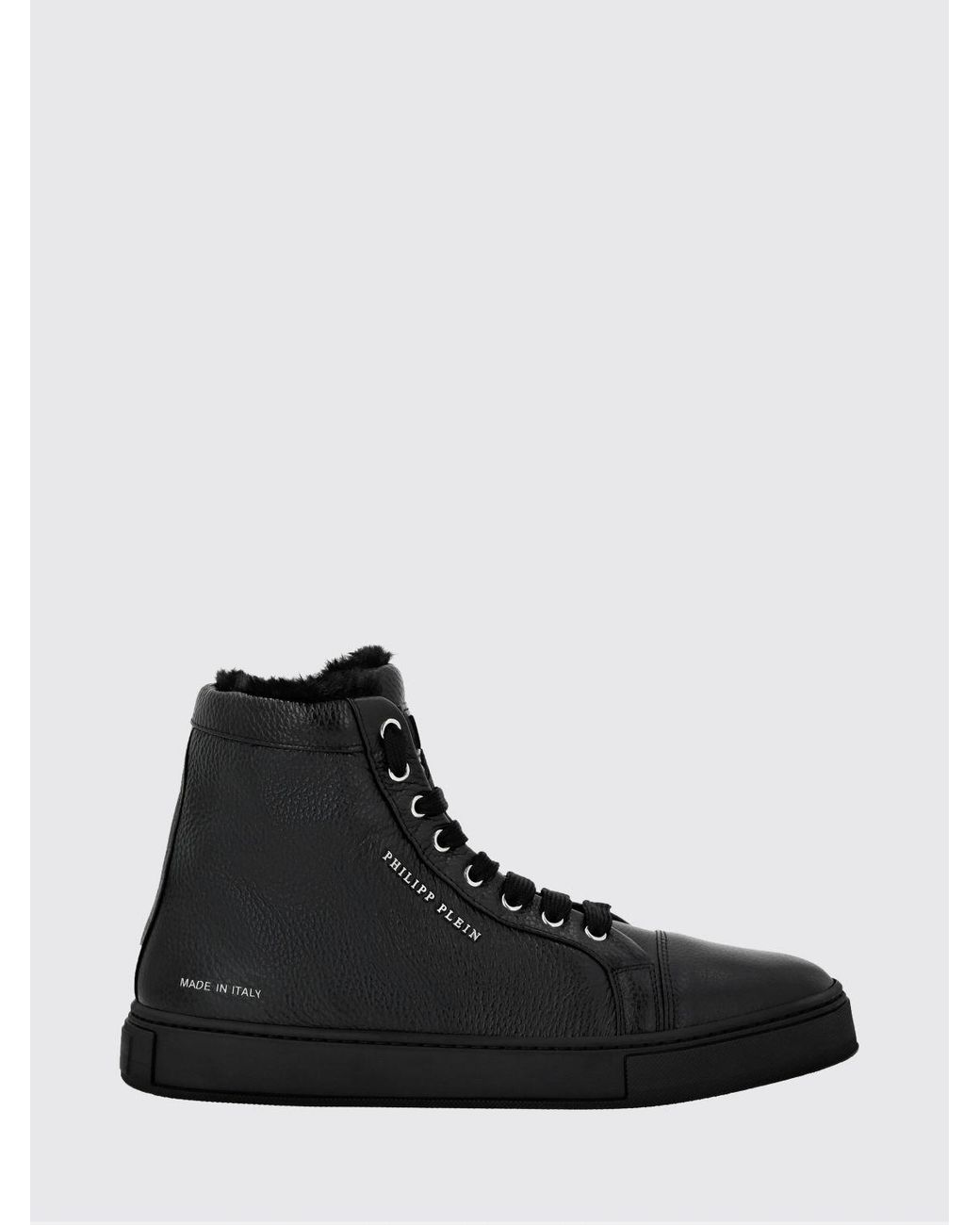 Philipp Plein Black High-Top Grained Leather Sneakers With Shearling Lining for men