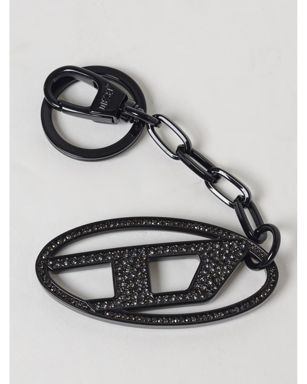 DIESEL White Brass Keychain With Set Rhinestones