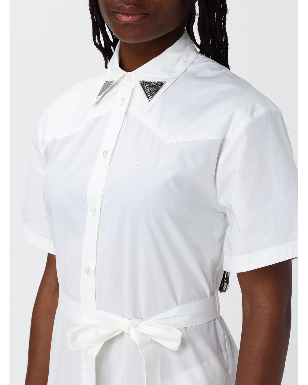 Pinko White Poplin Chemisier Dress With Fringes